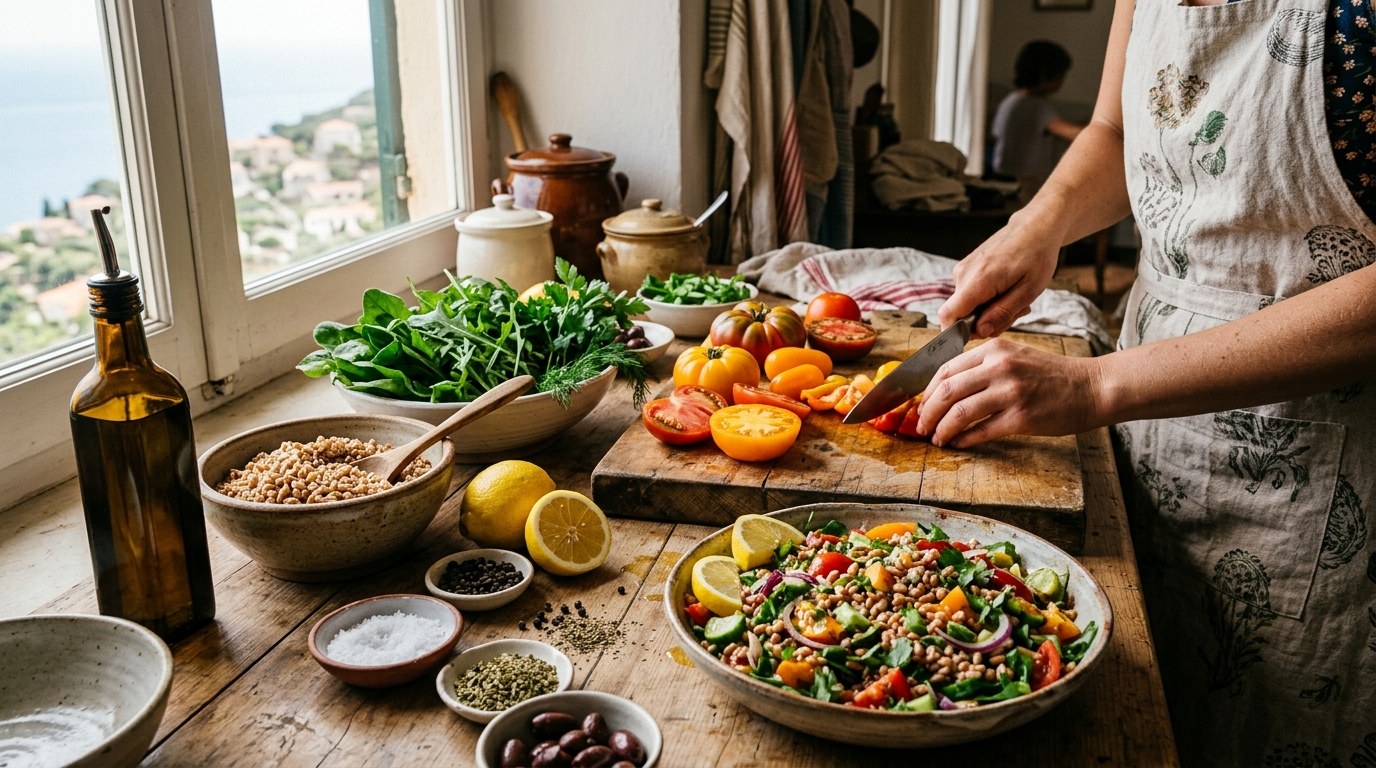 Colorful Mediterranean meal preparation