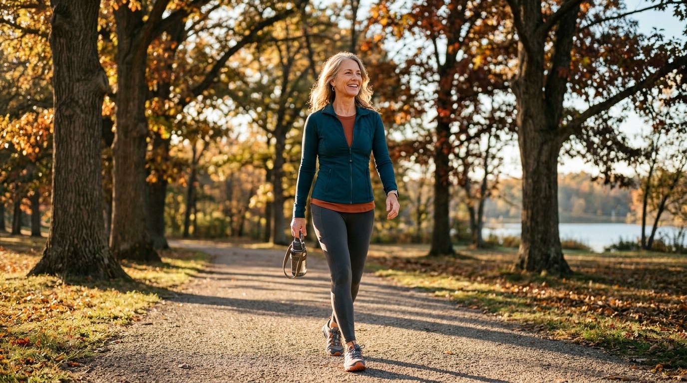 Active woman walking in golden morning light