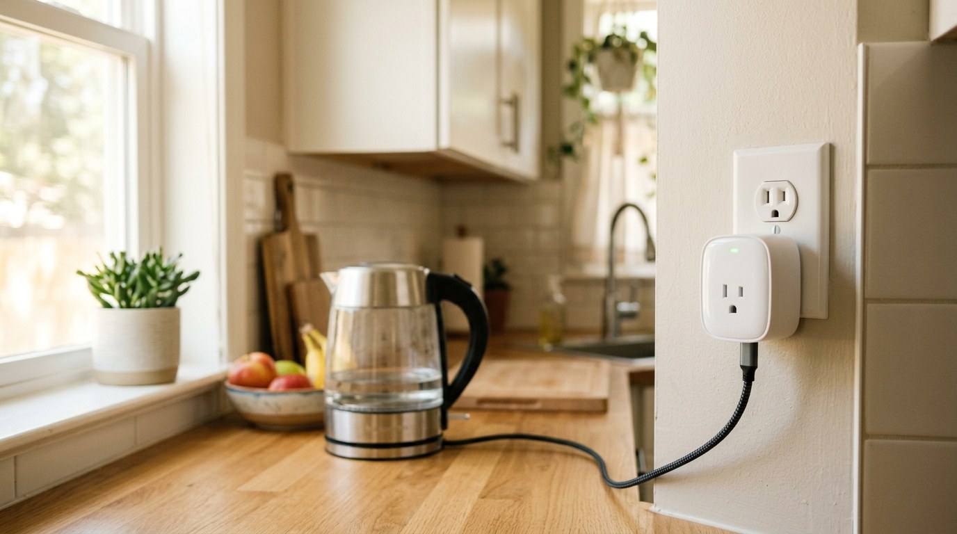 A smart plug energy device plugged into a home kitchen wall outlet in morning light