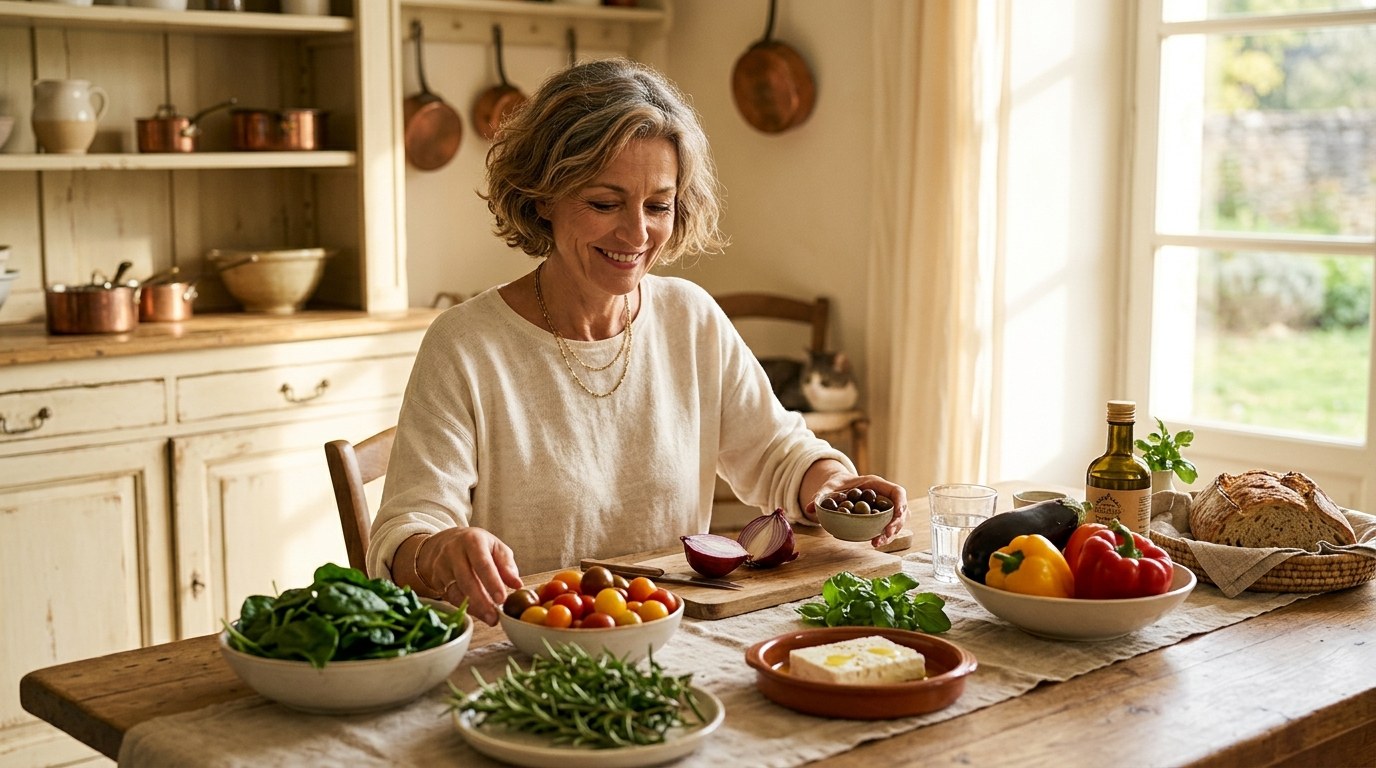 Woman in her 50s at a warm kitchen table with fresh vegetables and morning light