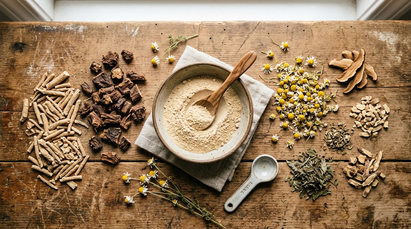 Adaptogenic herbs including ashwagandha root, maca powder, and rhodiola arranged on wood