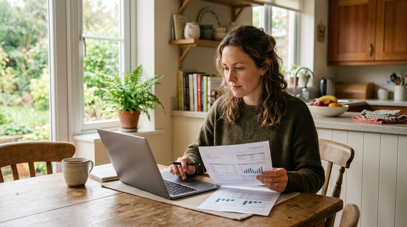 A homeowner reviewing a utility bill and laptop at a kitchen table