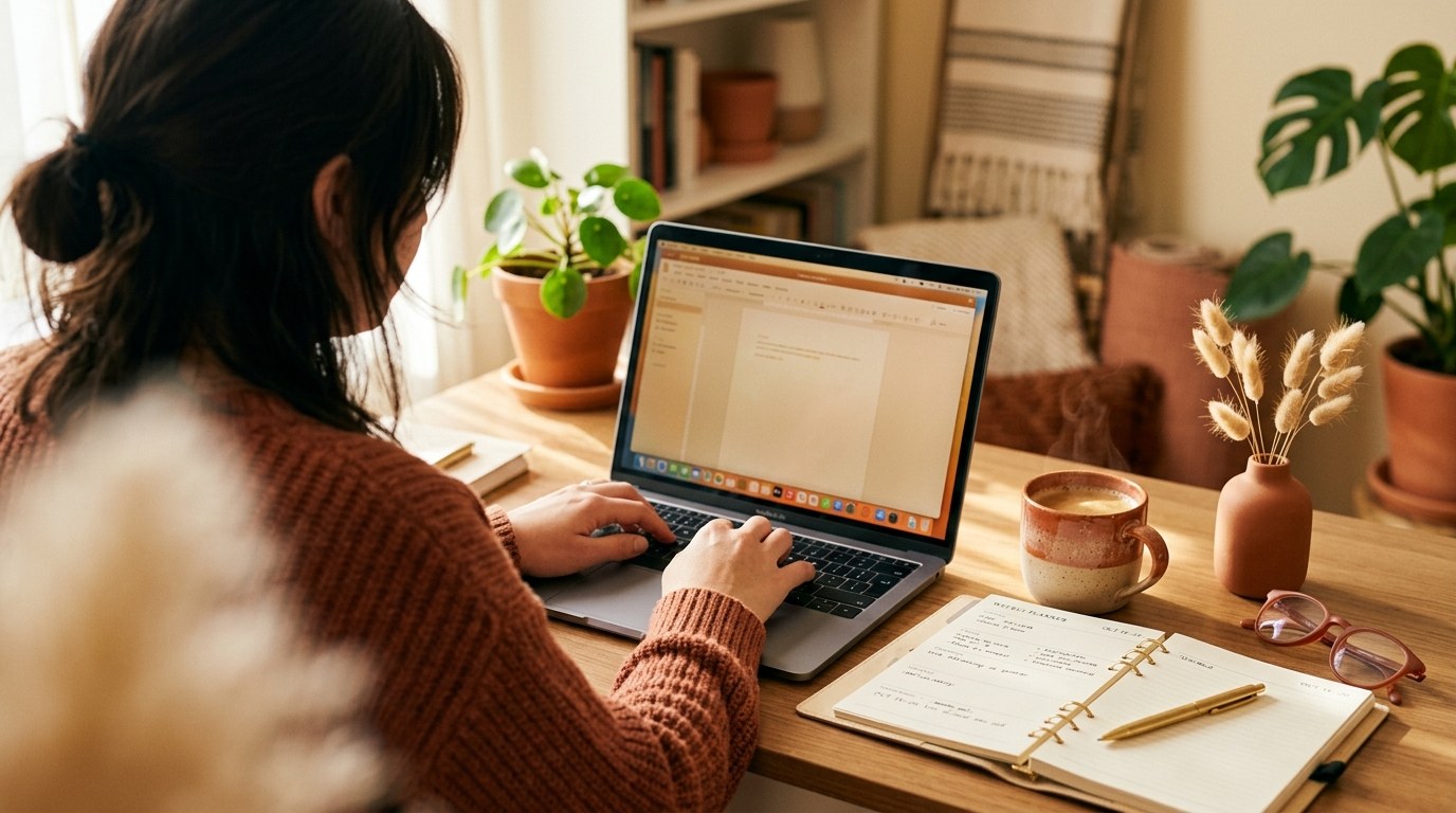 Woman working on a laptop at a home desk in warm afternoon light