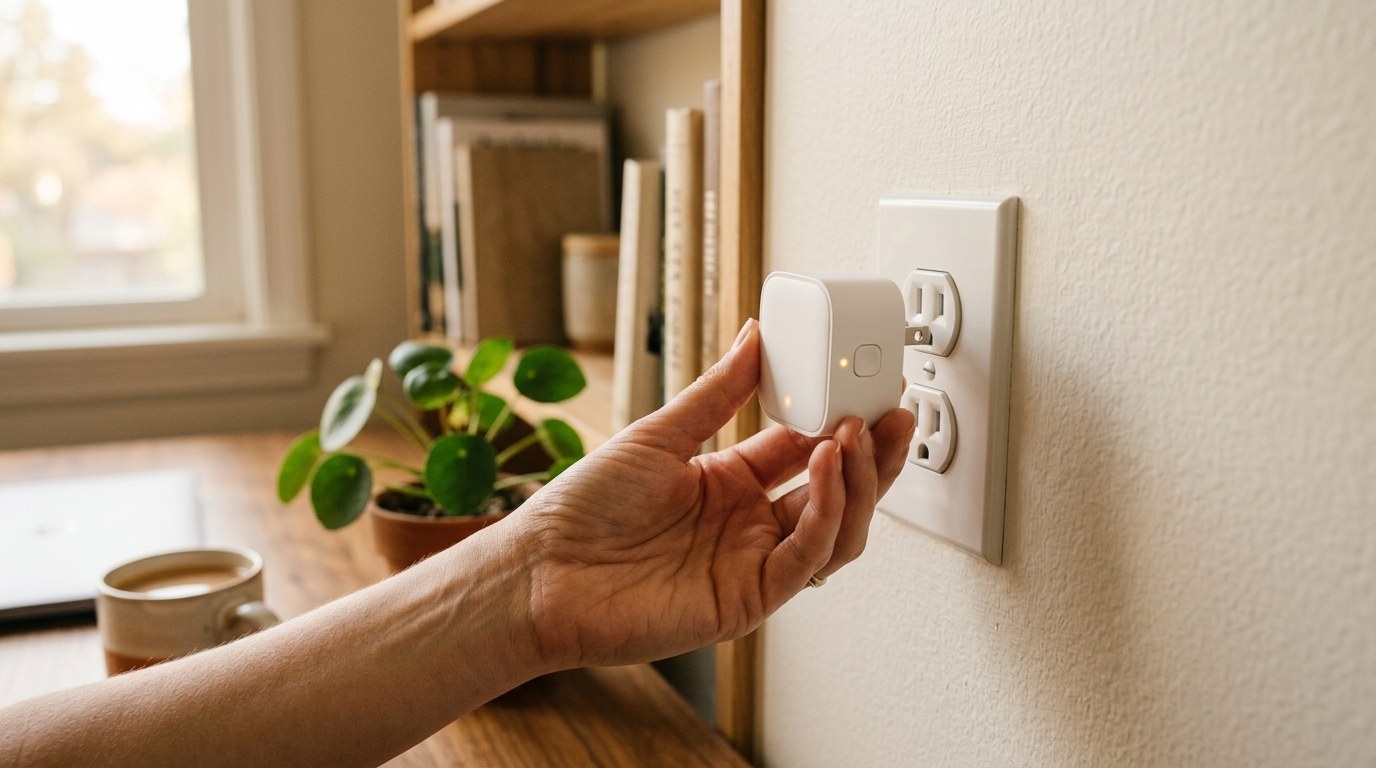 Smart plug energy device plugged into a home wall outlet